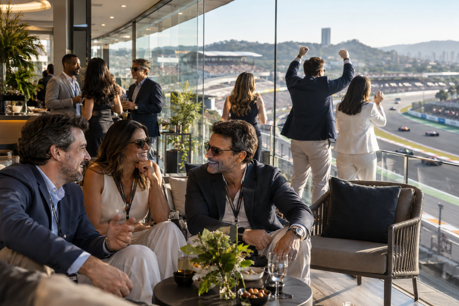 Convidados corporativos em uma experiência de hospitalidade com vista para um circuito