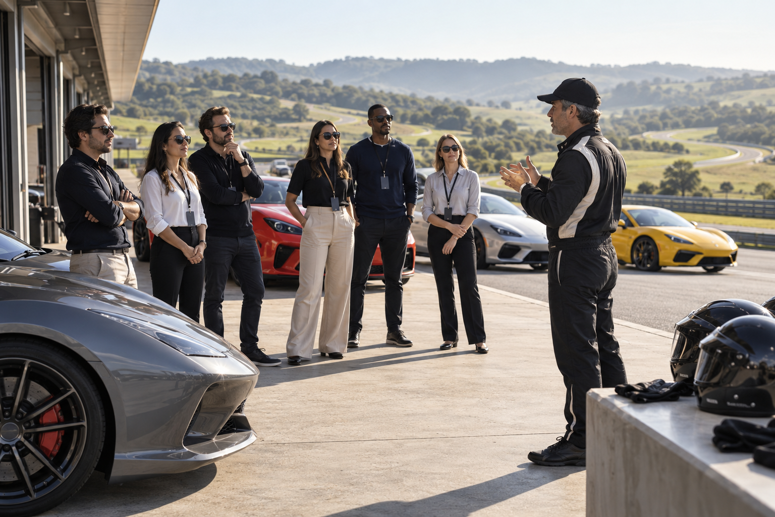 Participantes de uma experiência automotiva recebendo orientações de segurança