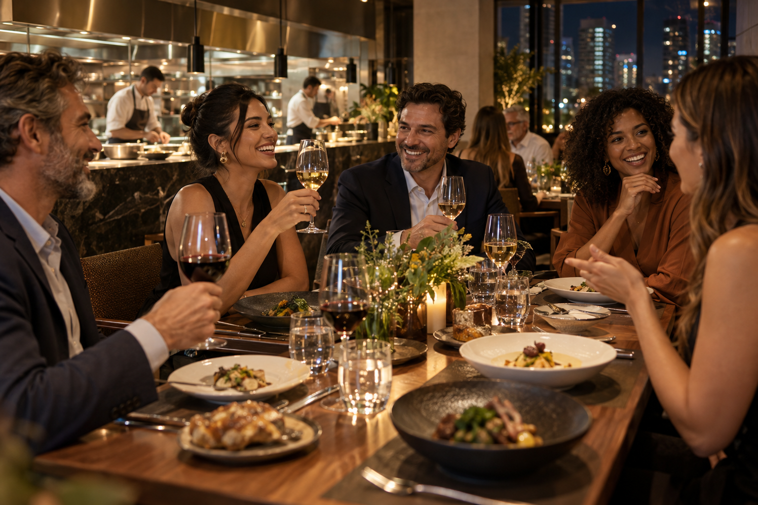 Executivos e clientes conversando durante uma experiência gastronômica em São Paulo